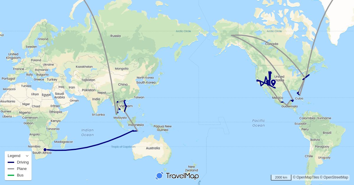 TravelMap itinerary: driving, bus, plane in Indonesia, Mexico, Thailand, United States, Vietnam, South Africa (Africa, Asia, North America)