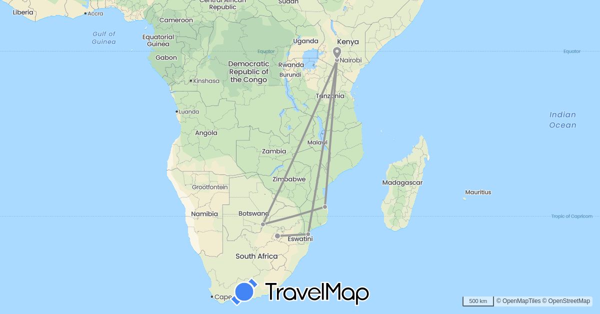TravelMap itinerary: driving, plane in Botswana, Kenya, Mozambique, South Africa (Africa)